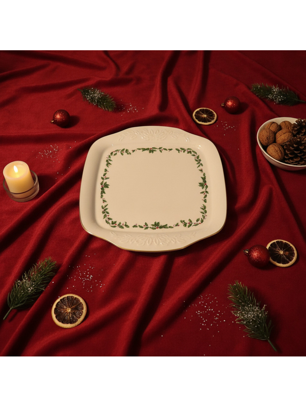 Vintage Lenox Holiday Holly and Berry Serving Platter Cake Plate
